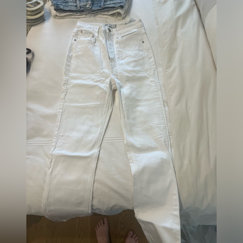 ZARA split hem high rise white jeans
